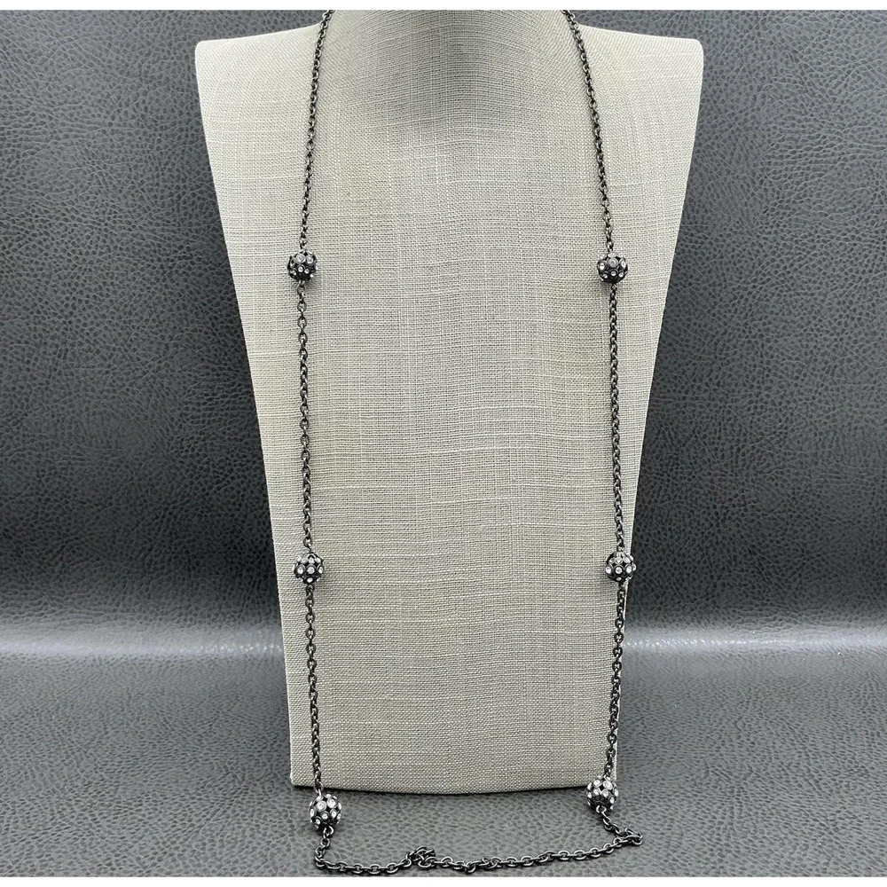 LOFT Necklace Gunmetal Tone Long‎ Chain Pave Crystal Ball Station Womens Jewelry
